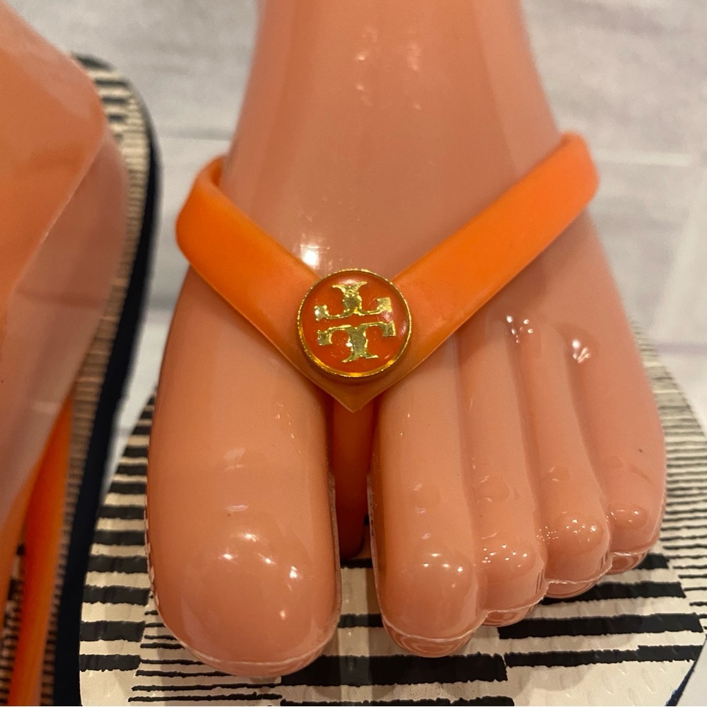 Tory Burch Thin Flat Thong Flip-Flops Flip Flops Sandals Orange Navy Size 8M EUC - Picture 5 of 11